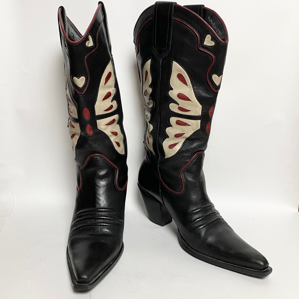 Vintage Y2K NineWest Real Leather BUTTERFLY & Hearts Pointed Cowboy Boots Size 7